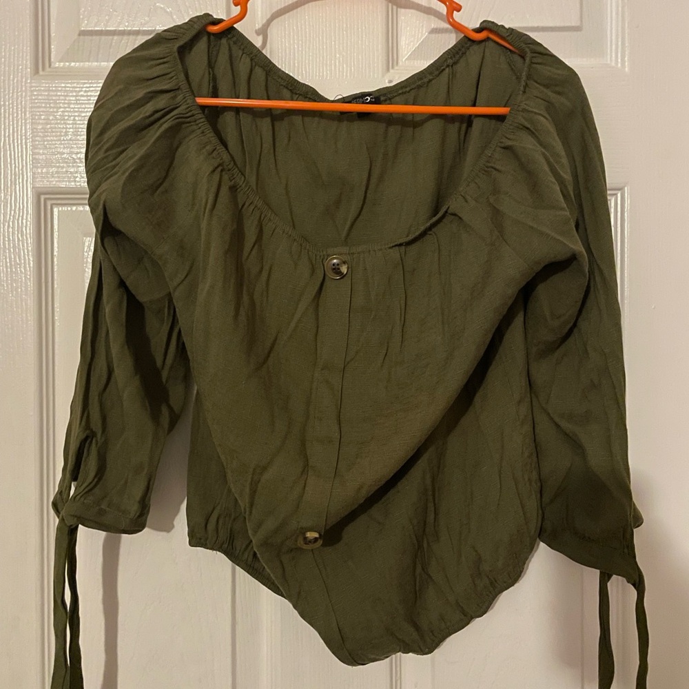 Papermoon Olive Green Peasant Cropped Blouse with Button Front